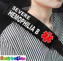 Cargar imagen en el visor de la galería, Medical Seat Belt Covers: Hemophilia A/B, Von Willebrand 1/2/3, Diabetes 1/2, Hearing Impaired
